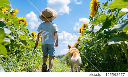 ひまわりに囲まれて歩く子供と柴犬 125592677