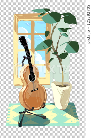 夏の窓辺に置かれた ギター のイラスト 125592705