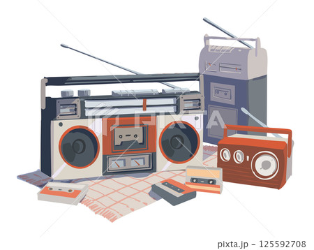 レトロな カセット テーププレーヤーとラジオのイラスト 赤 レトロな カセット テーププレーヤーとラジオのイラスト 赤 125592708