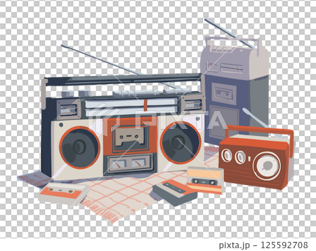 紅色復古盒式磁帶播放器和收音機插圖 紅色復古盒式磁帶播放器和收音機插圖 125592708