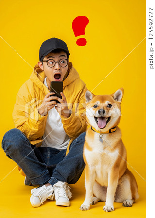 スマホを見て驚く少年と柴犬 125592727