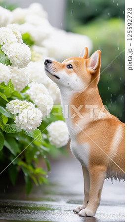 白い紫陽花（アナベル）に寄り添う柴犬 125592728