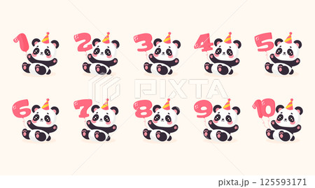 Cute Panda Set with Anniversary Numbers 1 to 10 Flat Vector Illustration 125593171