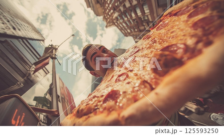 Dramatic wide-angle photo of an excited man grabbing a giant slice of pepperoni pizza in a lively urban street at dusk 125593250