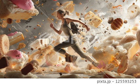 Athletic woman sprinting away from giant flying cakes and desserts in an intense and humorous explosion scene 125593253