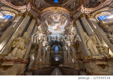 Interior of St. Nicholas Church showing baroque architecture and frescoes in Prague Interior of St. Nicholas Church showing baroque architecture and frescoes in Prague 125593518