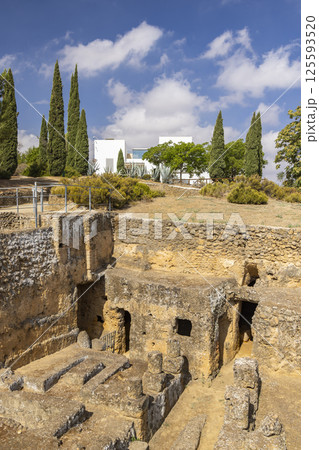 Roman necropolis of carmona showing ancient tombs and burial chambers under blue sky Roman necropolis of carmona showing ancient tombs and burial chambers under blue sky 125593520