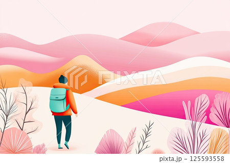 Hiker exploring vibrant mountain landscape with retro adventure aesthetic 125593558