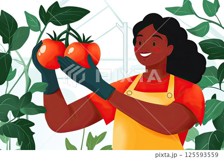 Farmer joyfully harvesting ripe tomatoes in a vibrant greenhouse filled with green plants 125593559