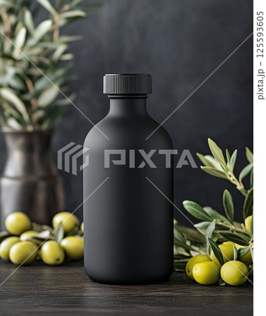 Premium olive oil bottle in matte black with fresh olives and green leaves on rustic wooden table setting 125593605