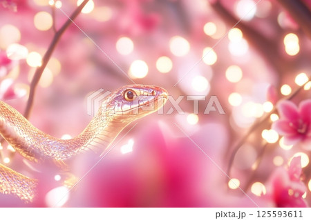 Festive celebration features red and gold Chinese New Year decorations with a golden snake and beautiful lanterns 125593611