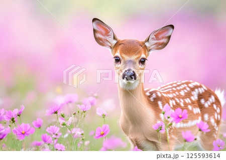 A young fawn stands gracefully in a meadow surrounded by colorful wildflowers in soft morning light A young fawn stands gracefully in a meadow surrounded by colorful wildflowers in soft morning light 125593614