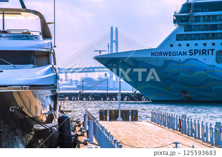 日本の横浜都市景観2隻の豪華客船。ノルウェージャン・スピリットやクイーン・エリザベスなどを望む 125593683