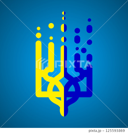 Coat of arms of Ukraine. Modern trident icon or emblem. National Ukrainian symbols. Vector illustration isolated on blue background EPS 10 125593869