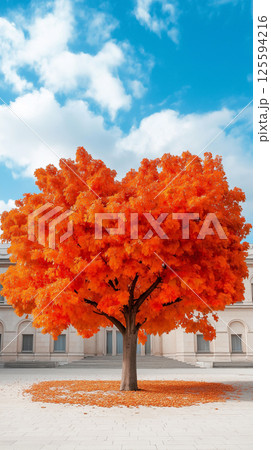 Vibrant orange tree against blue sky and clouds 125594216
