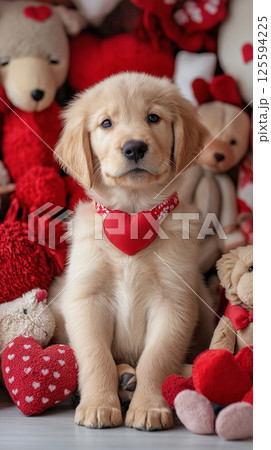 Cute golden retriever puppy surrounded by red hearts and toys 125594225