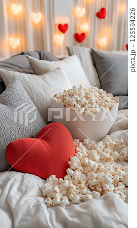 Cozy popcorn setup with heart shaped decor and pillows 125594226