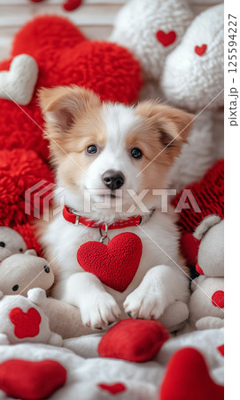 Adorable puppy surrounded by red hearts and plush toys 125594227