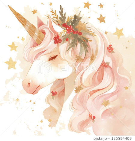 Unique festive unicorn with vibrant curls and holiday decorations set against a bright background 125594409