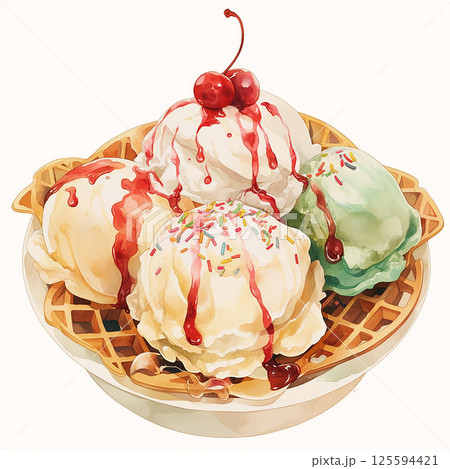 Delicious waffle dessert topped with ice cream and cherry served on a plate 125594421