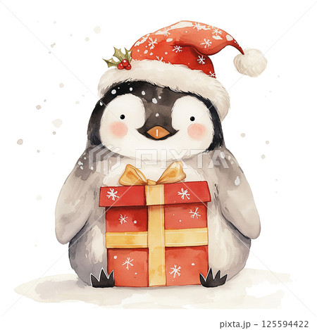 Cute penguin wearing a Santa hat and scarf while holding a gift in a snowy setting during the holiday season Cute penguin wearing a Santa hat and scarf while holding a gift in a snowy setting during the holiday season 125594422