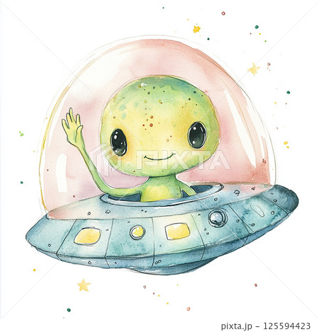 Cute alien character joyfully flying a colorful spaceship in a whimsical outer space setting with stars Cute alien character joyfully flying a colorful spaceship in a whimsical outer space setting with stars 125594423