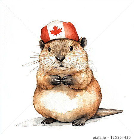 Cute Canadian marmot wearing a red hat with maple leaf designs standing upright in a joyful pose 125594430