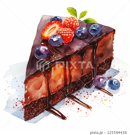 Indulging in a rich chocolate cake slice with fresh berries for a delightful dessert experience Indulging in a rich chocolate cake slice with fresh berries for a delightful dessert experience 125594438