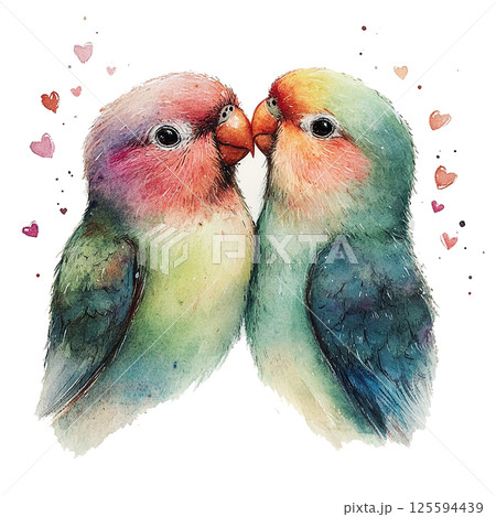 Colorful lovebirds perched together in a tender moment surrounded by hearts and soft splashes of color Colorful lovebirds perched together in a tender moment surrounded by hearts and soft splashes of color 125594439