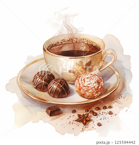 Coffee served with assorted chocolates on a decorative plate during afternoon relaxing time Coffee served with assorted chocolates on a decorative plate during afternoon relaxing time 125594442