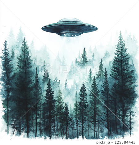Mysterious UFO hovering over dense forest under a cloudy sky in a serene landscape Mysterious UFO hovering over dense forest under a cloudy sky in a serene landscape 125594443