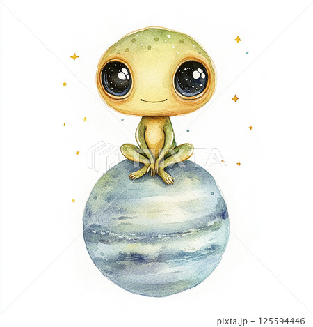 Cute alien character sitting on a planet under a starry sky in a whimsical watercolor style 125594446