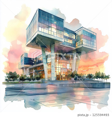 Modern architecture showcases vibrant style and urban life in colorful street setting at dusk 125594493
