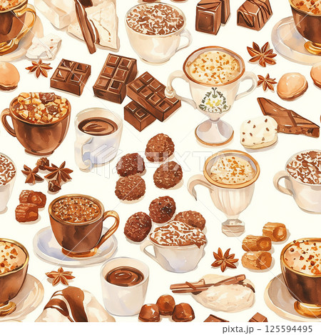 Exquisite variety of chocolates and hot beverages arranged on a light background showcasing a delightful culinary collection 125594495
