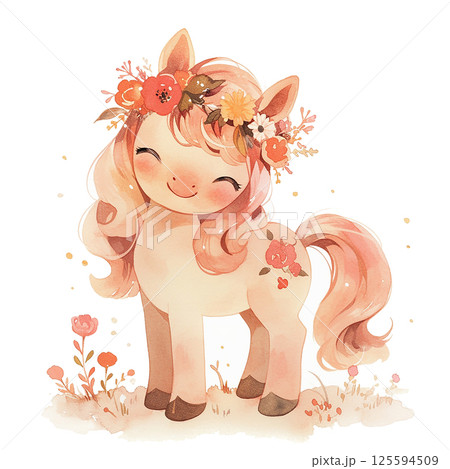Cute pony with curly hair and flower crown enjoys a sunny day in a colorful meadow filled with blossoms 125594509