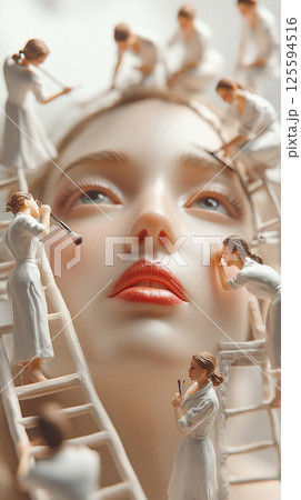Miniature figures working on a model's face during a creative art project in a bright studio setting Miniature figures working on a model's face during a creative art project in a bright studio setting 125594516