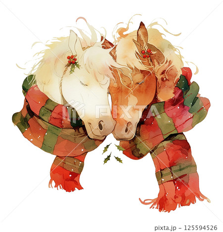 Horses embrace warmly in festive scarves during the winter holiday season Horses embrace warmly in festive scarves during the winter holiday season 125594526