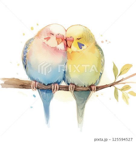 Two colorful birds perched closely together on a branch surrounded by subtle autumn foliage 125594527