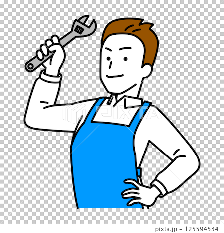 一名穿著圍裙、手裡拿著活動扳手的男子 125594534