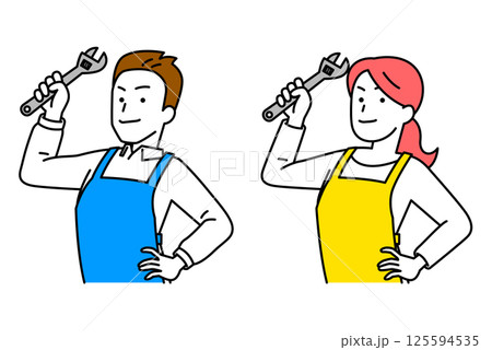 モンキーレンチを構えるエプロン姿の男女 セット モンキーレンチを構えるエプロン姿の男女 セット 125594535