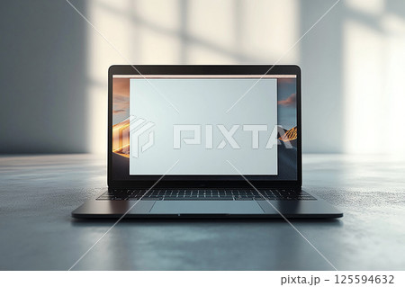 Laptop with a clean screen. Representing digital business solutions and modern office setups Laptop with a clean screen. Representing digital business solutions and modern office setups 125594632