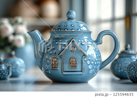 Ceramic teapot in shape of a house in a classic style on a white background. Ceramic teapot in shape of a house in a classic style on a white background. 125594635