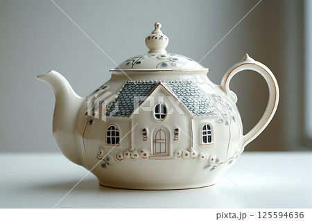 Ceramic teapot in shape of a house in a classic style on a white background. Ceramic teapot in shape of a house in a classic style on a white background. 125594636