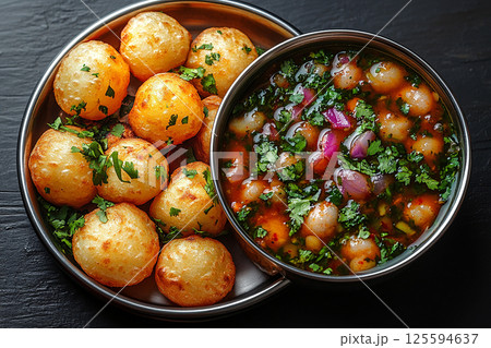 Indian Tiffin lunch box. Traditional Indian stainless steel plate with panipuri and tamarind broth nearby. Indian Tiffin lunch box. Traditional Indian stainless steel plate with panipuri and tamarind broth nearby. 125594637