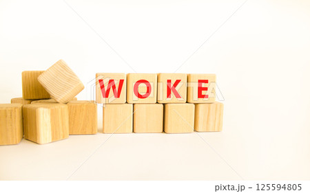 Woke question symbol. Concept word Woke question on beautiful wooden blocks. Beautiful white table white background. Business, lifestyle, support and woke question concept. Copy space. 125594805