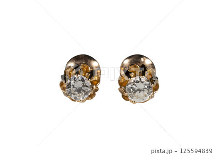 Diamond Earrings Isolated on White Background. Yellow Gold Diamond Earring Pair with 750 Stamp Denoting 18-Carat Yellow Gold. 125594839