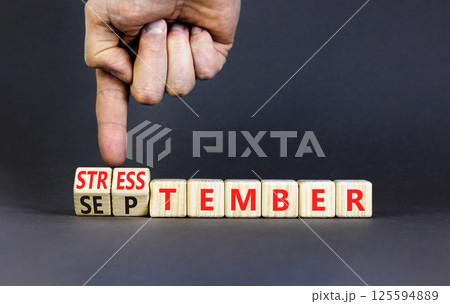 September is Stresstember symbol. Concept words September is Stresstember on beautiful wooden blocks. Beautiful grey table grey background. Business September is Stresstember concept. Copy space. 125594889