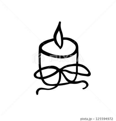 Festive candle with flame and decorative bow. Doodle vector with clean outline. Coquette Aesthetic style. Ideal for holiday decor, birthday elements, or cozy illustrations. 125594972