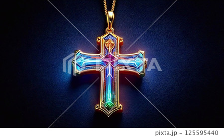 A vibrant neon cross pendant shines against a dark background, highlighting its craftsmanship A vibrant neon cross pendant shines against a dark background, highlighting its craftsmanship 125595440