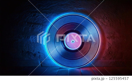 Colorful neon lights illuminate a music record against a dark wall, creating a vibrant atmosphere Colorful neon lights illuminate a music record against a dark wall, creating a vibrant atmosphere 125595457